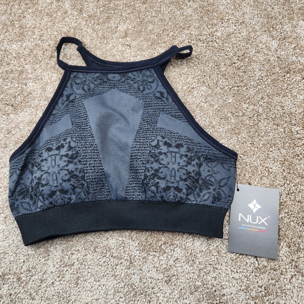 NUX Gia Crop B4026 High Neck Sports Bra Charcoal Jacquard Open Back Small NEW
